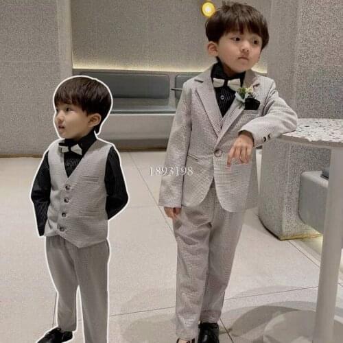 Spring Autumn Children Plaid Suit Set Flower Boys Wedding Party Performance Costume Kids Vest Pants Blazer Clothing Set