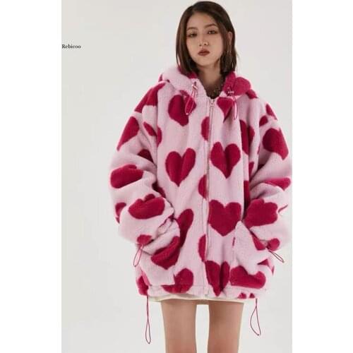 Hip Hop Flannel Parkas Lambswool Hoodie Jackets Women Streetwear Full Print Heart Winter Harajuku Sherpa Zipper Coat Oversize