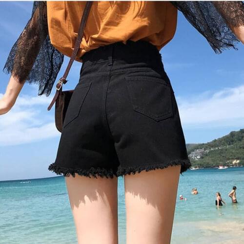 Woman Jeans Pants Black Denim Shorts Womens Summer Loose High Waist Raw Hem White Pantalones Vaqueros Mujer