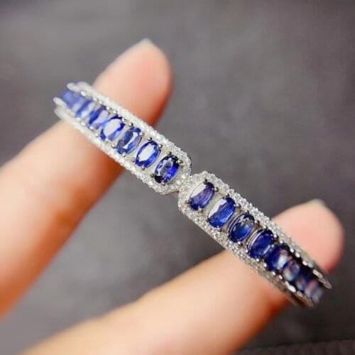 Exquisite bangle natural sapphire gemstone bracelet for women jewelry real 925 sterling silver girl party gift birthstone