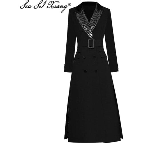 Seasixiang Fashion Designer Autumn Long Trench Coat Womens Hot Diamonds Turn-down collar Sashes Double Breasted Outwear