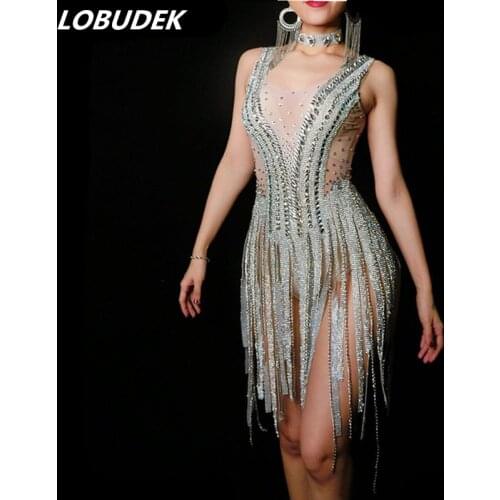 Shining Rhinestones Silver Chain Tassel Perspective Bodysuit Sexy Nightclub DJ Female Singer Party Show Costume Dance Stage Wear