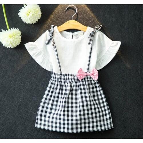 Brand Set Summer New 3 4 5 7 9 Years Girl Clothing Set White Short Sleeve T-Shirt + Plaid Skirt Set Toddler Girl Clothing Set