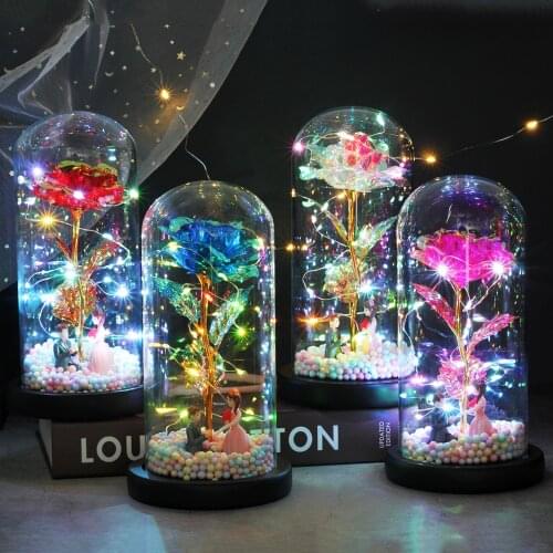 Galaxy Rose Artificial Flower Mothers Day Gifts Beauty And Beast Rose In Dome Home Decor Wedding Eternal With Lights Ornaments
