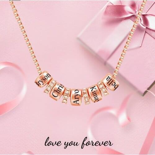 Personalized Multiple Beads Pendant Necklace with Crystal Charms Custom Engraving Name Necklaces for Women Anniversary Gift
