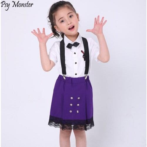 Baby Boys Girls School Uniforms Sets Cotton T-shirt + Strap Pants With Bow Tie Tutu Skirt Set Boy Performing Ceremony Suit F139