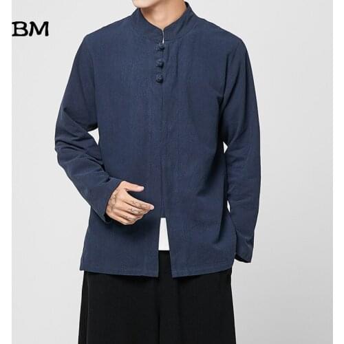 Chinese Style Linen Long Sleeve Shirt 5XL Plus Size Costume Male 2020 Harajuku Fashion Clothes Black Simple Solid Color Men