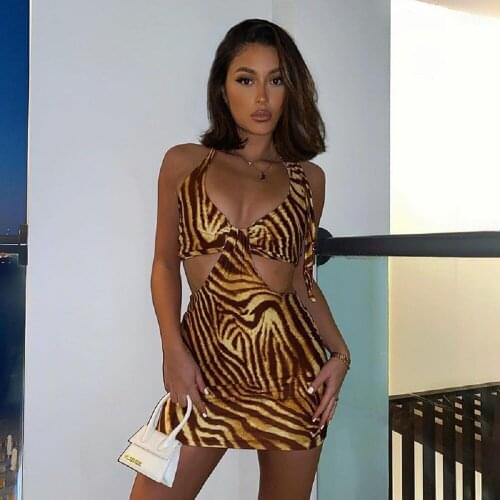 Sexy Lady Halter Mini Dress Summer Women Tiger Print Sleeveless Bodycon Party Clubwear Fashion Streetwear Outfits Sundress