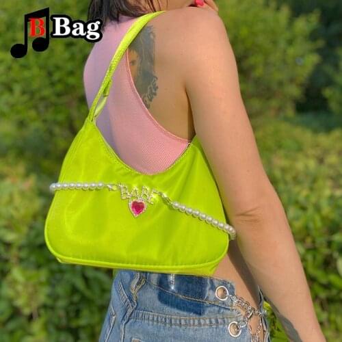 Y2k American Girl Fashion shoulder bag Handbag Pearl chain love flash diamond Underarm Bag ladies Axillary Pouch tote