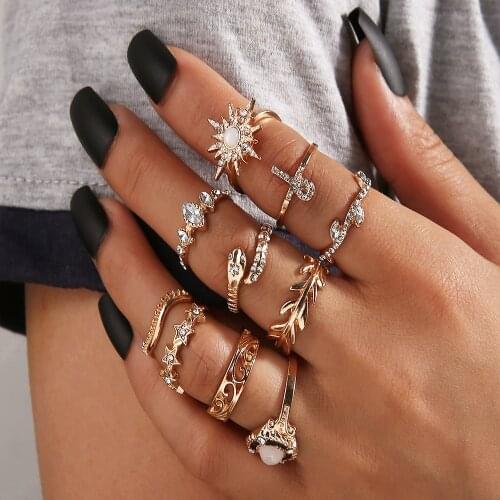 10 Pcs/set Bohemian Moon Star Gold Rings Set For Woman BOHO Crystal Knuckle Ring 2020 Female Finger Statement Fashion Jewelry