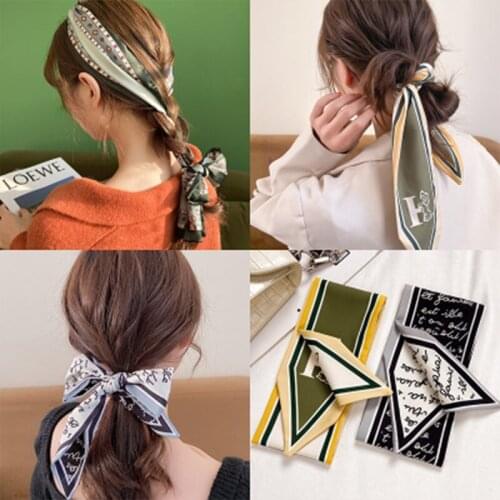 New Arrived Four Season Striped Printed Silk Square Scarf Hair Tie Womens Hair Accessories Bow-Knot Head scarf Headwear