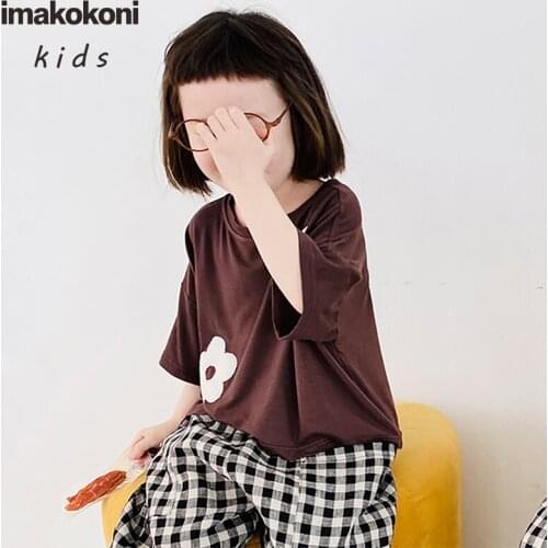 Imakokoni original coffee color casual wild round neck shirt black and white lace plaid pants girls summer 21622