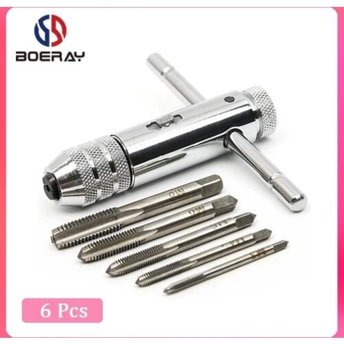 Adjustable Ratchet Wheel Hand Tap Wrench Holder Reversible Bothway and 5PCS M3-M8 Metric Tread Tap Manual Tapping Accessories