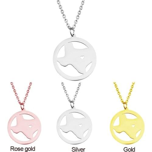 Texas Map Pendant Necklace Stainless Steel with Love Heart USA State TX Geography Map Fashion Jewelry for Women and Men