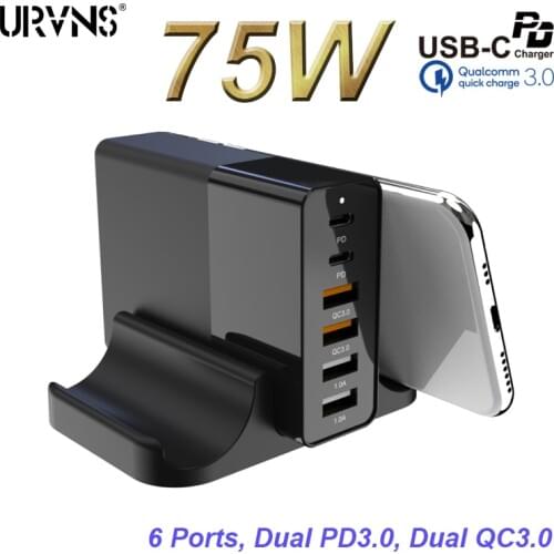 URVNS 75W 6 Port Type-C PD Travel Charger Adapter with 2 USB-C PD & 2 QC 3.0 Fast Charging for MacBook Pro, 2020/2019 iPad Pro