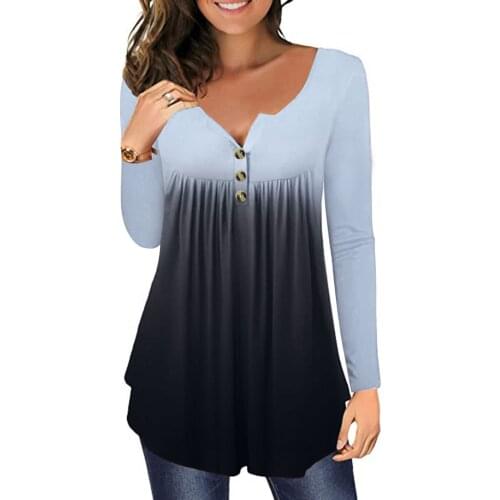 Autumn Womens Tops Plus Size Gradient Print V-neck Long Sleeve T Shirts Button V-Neck Pullover Tops Female Basic T-Shirt Tee