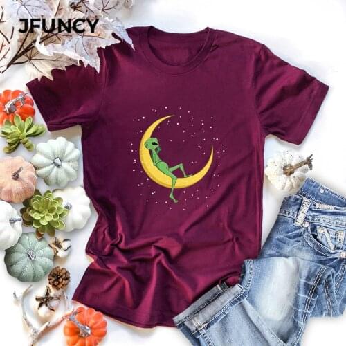 JFUNCY Women Cotton T-shirts Summer Plus Size O-Neck Short Sleeve Women T Shirt New Alien Print Multicolor Female Tees Tops