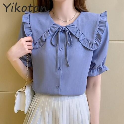 Women Doll Collar Solid Chiffon Kawaii Blouses and Shirts Summer 2021 New Korean Fashion Soft Blue Cute Tops Casual Ladies Chic