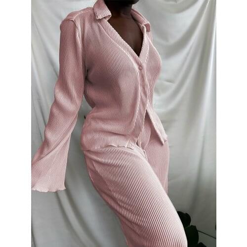 2021 Best Quality Fashion Design 2 pcs Women Set Solid Turn-down Collar Long Sleeve Blouse Long Pants Casual Outfits