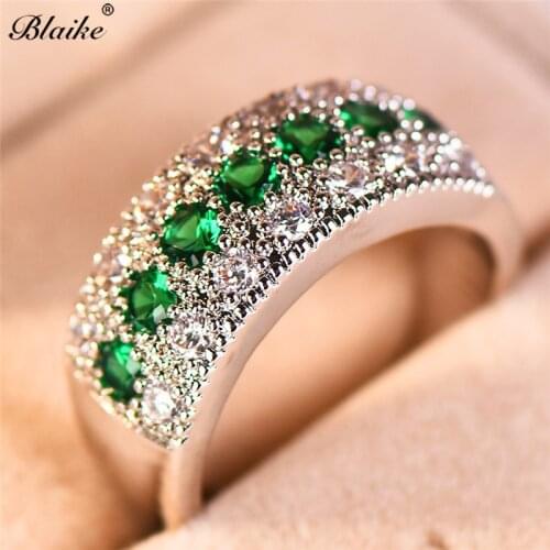 Blaike Female Green/White Round Ring Silver Color Jewelry Vintage Wedding Engagement Rings For Women Fashion