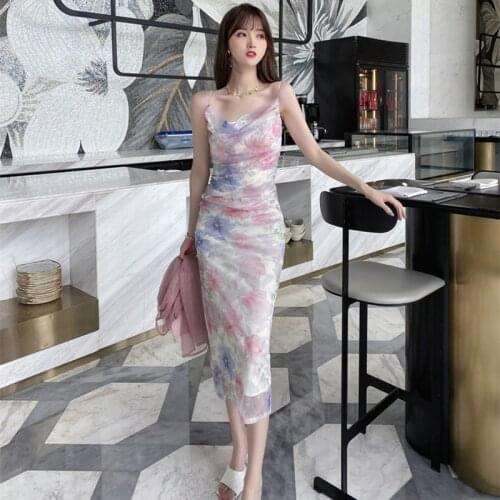 2021 Summer Spaghetti Strap Sheath Dress Women Bodycon Ladies Print Mesh Dress Classy Elegant Sexy Club Party Dresses Vestidos