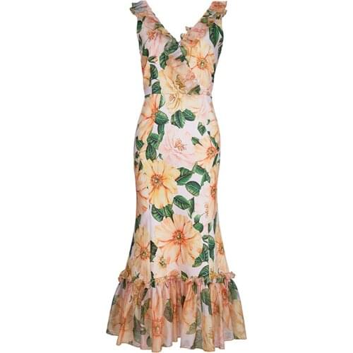 Summer Elegant Mermaid Party Dress Plus size Women Customize Plus Size V-Neck Flower Print Ruffles Vacation Mid Dress