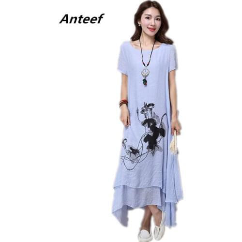 Short sleeve cotton linen vintage floral dresses for women casual loose long woman summer dress elegant clothes 2021