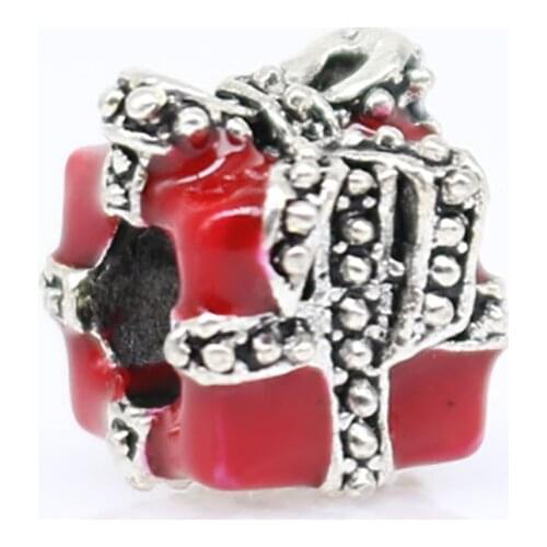 1pc christmas gift plata de ley red present big hole bead charms european style bracelet bead ENM 473