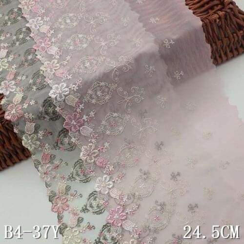 1Yard Soft Flower Embroidery Lace Fabric Tulle 24.5cm Pink Green Lace Trim Guipure Applique Sewing Craft for Wedding Dress