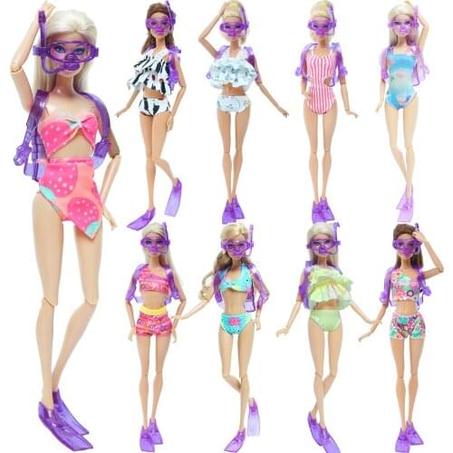2 Pcs/Set = 1x Plastic Diving Equipment Glasses Shoes Oxygen Tank + 1x Mix Style Swimsuit Swimwear Beach Clothes for Barbie Doll
