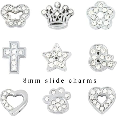 20pcs/lot Internal Dia 8mm Slide Charm Crown Flower Cross Rhinestone DIY Accessories fit 8mm wide belt pet collar