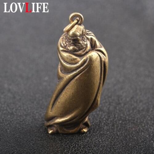 Antique Bronze Chinese Taoist Founder Lao Zi Figurines Key Chain Pendants Vintage Copper Buddha Lao-Tzu Statue Decors Keychains