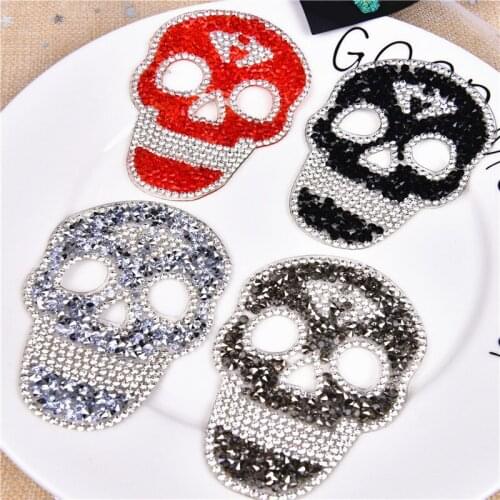Skull 10pcs/lot hotfix rhinestones heat transfer iron on patches strass crystal applique for garment hat bag decora