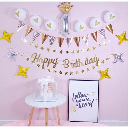 Happy Birthday Banner Tringular Flags Balloons Birthday Bunting Summer Party Decor Happy Birthday Decoration Set Rose Gold