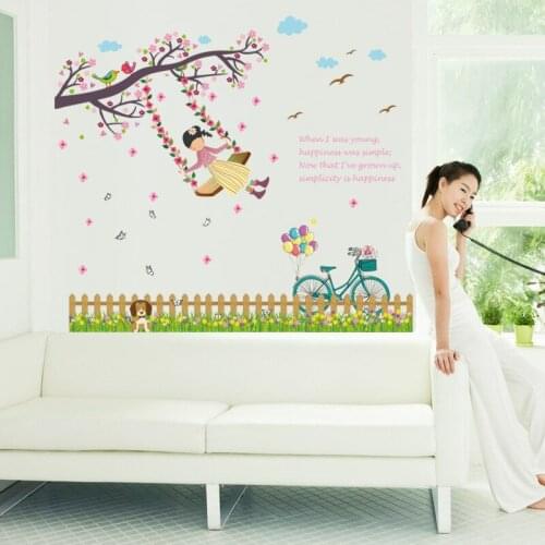Flowers Fence Swing Girl Tree Birds Butterfly Wall Stickers Decor Poster Home Store Window Wallpaper Decoration Wall Graphic