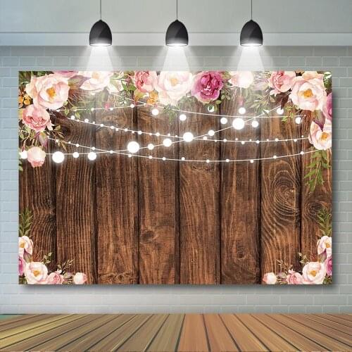 Rustic Wooden with Floral Backdrop Retro Wooden Floor Photography Background Baby Bridal Shower Birthday Party Decorations