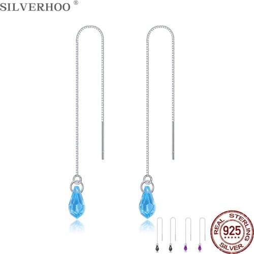 SILVERHOO 925 Sterling Silver Tassel Water Drop Earrings Dangle For Women Colorful Austria Crystal Earring Luxury Silver Jewelry