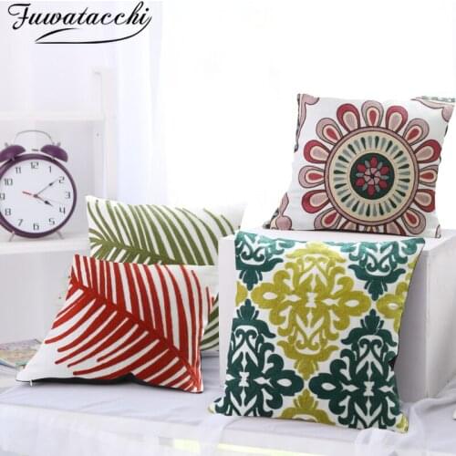 Fuwatacchi Canvas Cushion Cover Plant Leaves Printed Pillow Covers Ethnic Plant Boho Pillowcase for Home Sofa Decorative Pillows