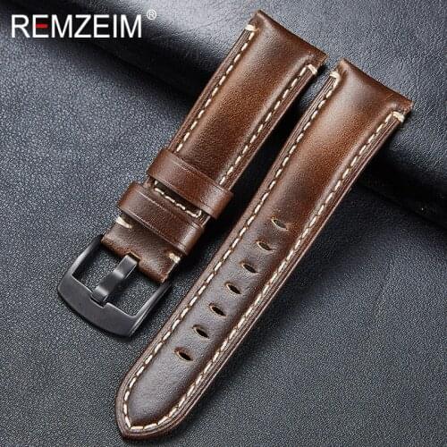 REMZEIM 20 22 24 26MM Leather Strap Brown Green Vintage Genuine Leather Watchband With Black silver Buckle Bracelet Watchband