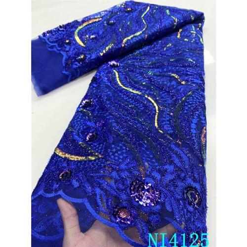 Royal Blue African French Mesh Tulle Lace Fabric with Sequins Embroidery Sequins Lace Fabric Nigerian Net Lace for Sewing NI4125
