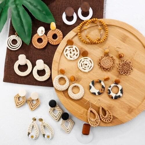 Lifefontier Handmade Round Weave Wood Long Drop Earrings For Women Bohemia Bamboo Rattan Knit Hollow Earrings 2020 Party Jewelry