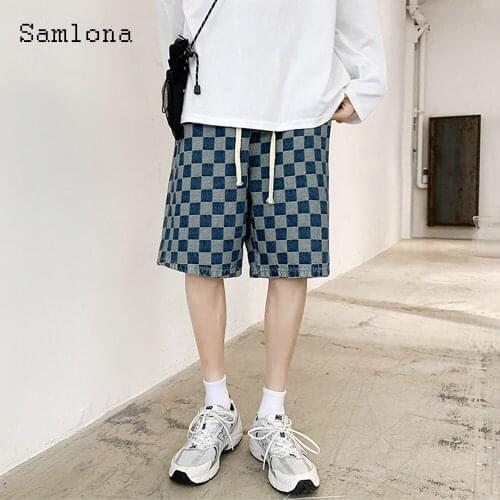 Samlona Plus Size Mens Denim Shorts Sexy Leisure Jean Fashion Plaid Pants 2021 Summer New Casual Demin Short Jeans Men Clothing