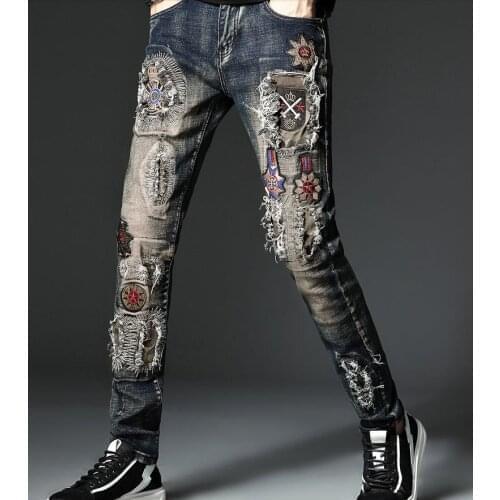 Mens Classic Patch Embroidery Rock Hip Hop Jeans Vintage Blue Ripped Hole Slim Fit Denim Trousers Stretch Biker Jeans For Men