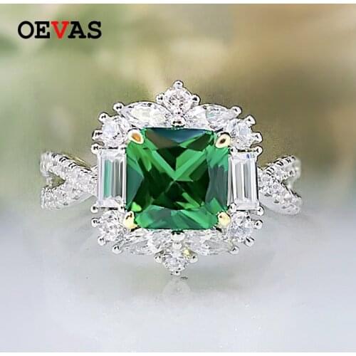 OEVAS 100% 925 Sterling Silver 7*7mm Synthetic Emerald Wedding Rings For Women Sparkling High Carbon Diamond Party Fine Jewey