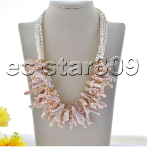 P7422 3Row 20" White Baroque Pink Chicken-Feet & Round Crystal Necklace Choker