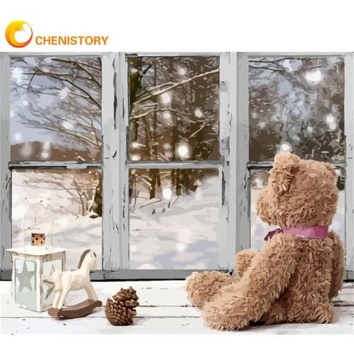 CHENISTORY Bear Front Window Scenery Painting By Numbers For Adults Handmade Unique Diy Gift Living Room Wall Decoration Craft