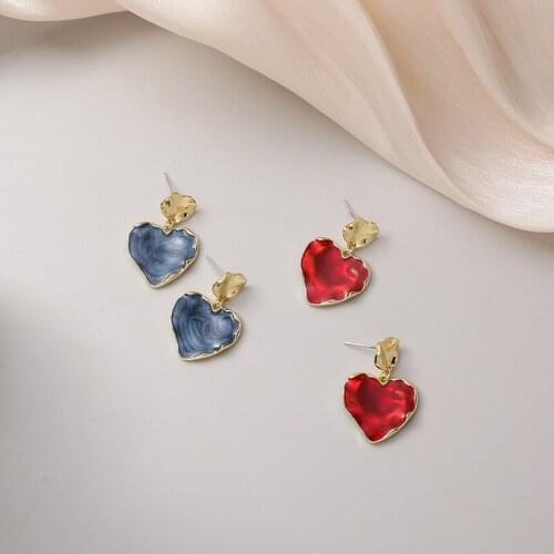 Origin Summer Exquisite Love Heart Earrings for Women Ladies Gold Color Alloy Blue Red Love Heart Drop Dangle Earrings Jewelry