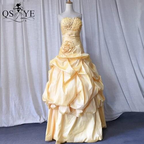 Puffy Yellow Prom Dress Plus Size Taffeta Ball Gown Evening Gown Off Shoulder Draped Party Dress Bead Pleat Flowers Formal Dress
