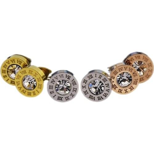 Fashion Roman Numerals Crystal Yellow Gold Color / White Gold Color / Rose Gold Color Titanium Steel Stud Earrings