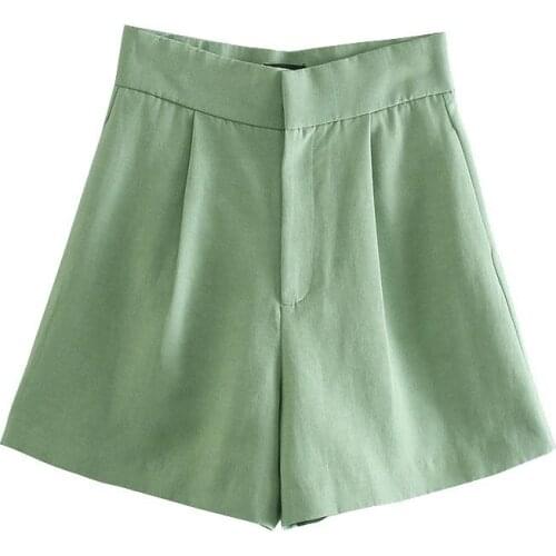 2021 Women Chic Fashion Side Pockets Linen Bermuda Shorts Vintage High Waist Zipper Fly Female Short Pants Mujer